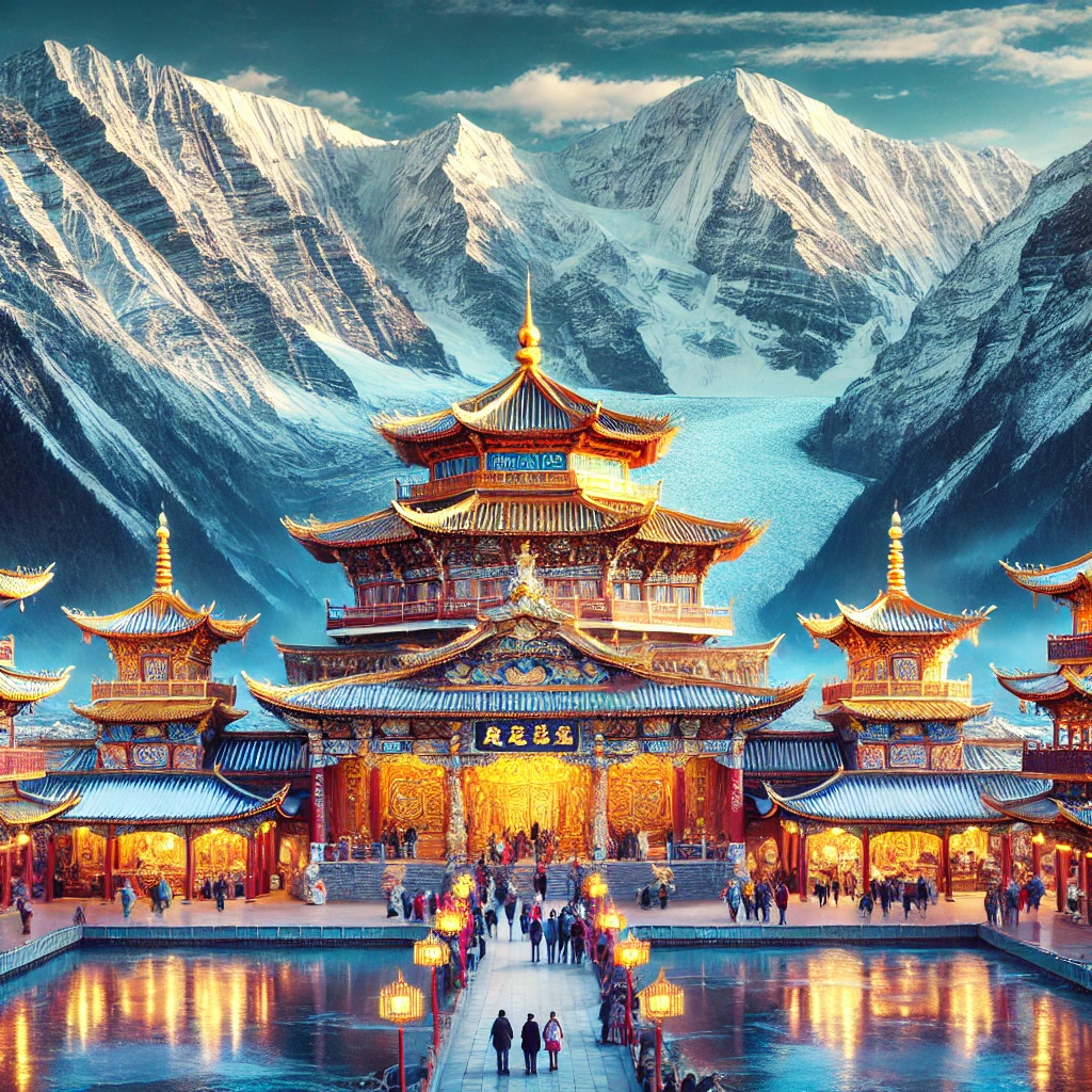 黄昏中的传统中式寺庙,远处雪山映衬,灯光温暖。