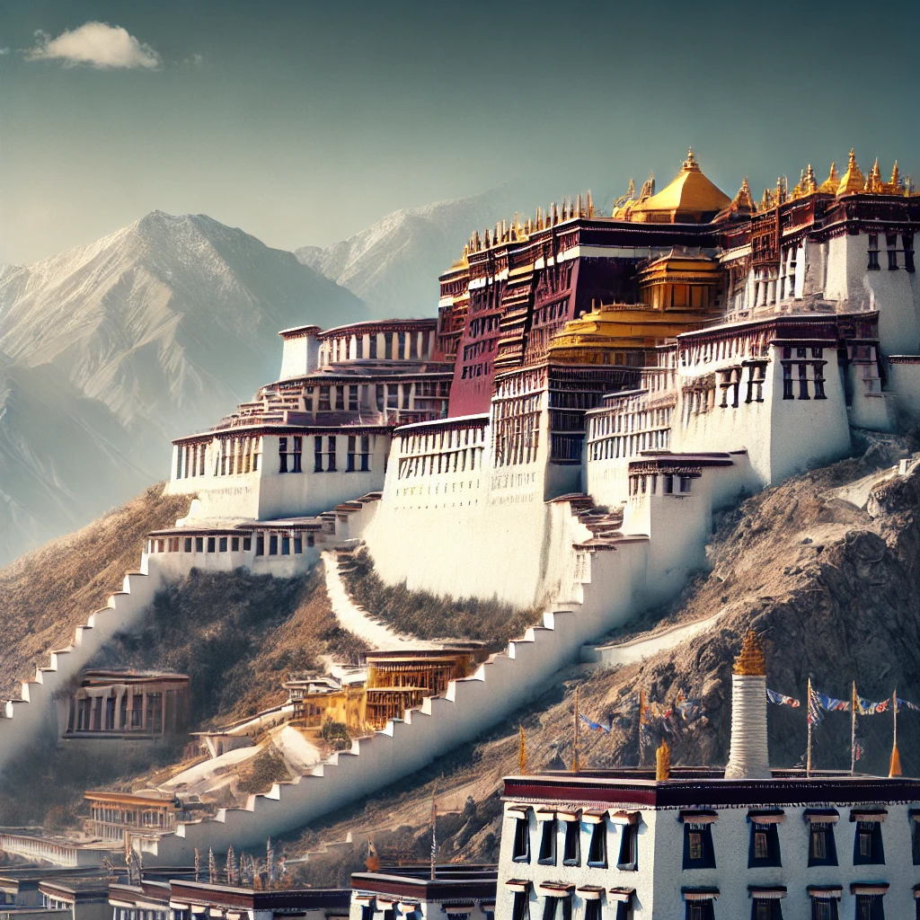 拉萨布达拉宫全景,红白相间的藏式建筑坐落于山坡,背靠群山。