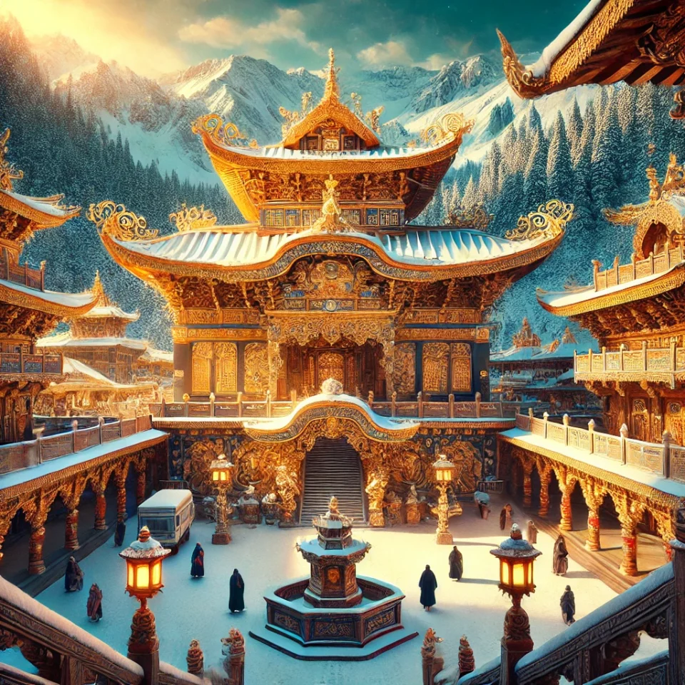雪山松林环绕的金色寺庙,映衬在绚丽天空下的壮丽景色
