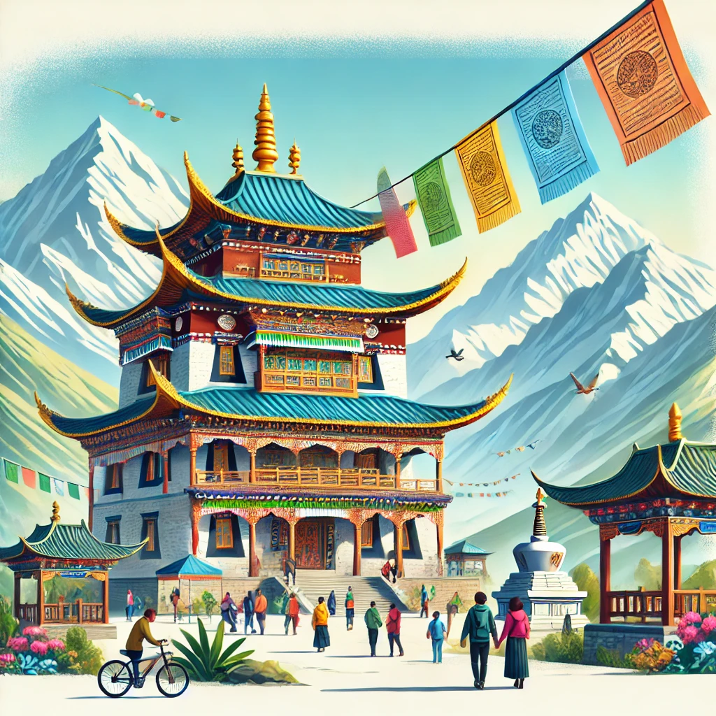 传统藏式寺庙,彩色经幡飘扬,前景有山景背景。