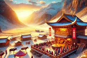雪山峡谷中的传统藏族村落,夕阳映照,色彩鲜明